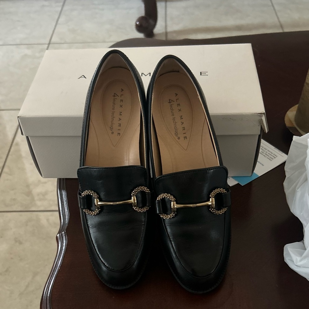 Alex Marie Black Leather Loafers with Gold Horsebit Detail